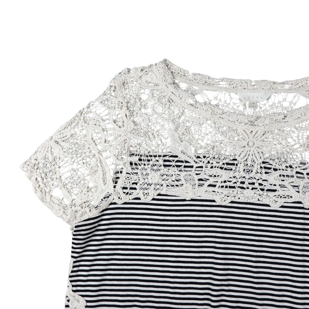 Adiva Womens 1X Striped Crochet Open Lace Short Sleeve Top Black & White VTG 00s - Picture 3 of 10